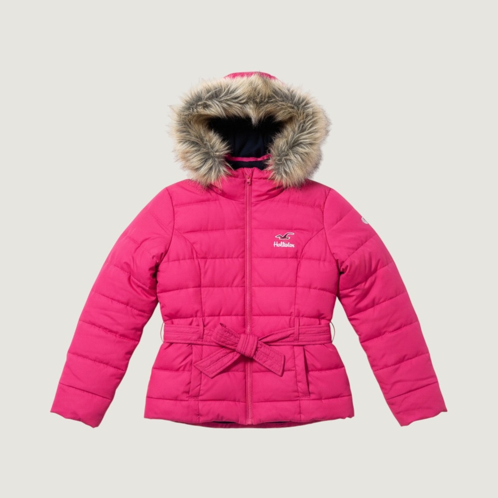 Vintage Y2K Hollister Down Puffer Jacket Womens Med Faux Fur Hood Preppy Barbie